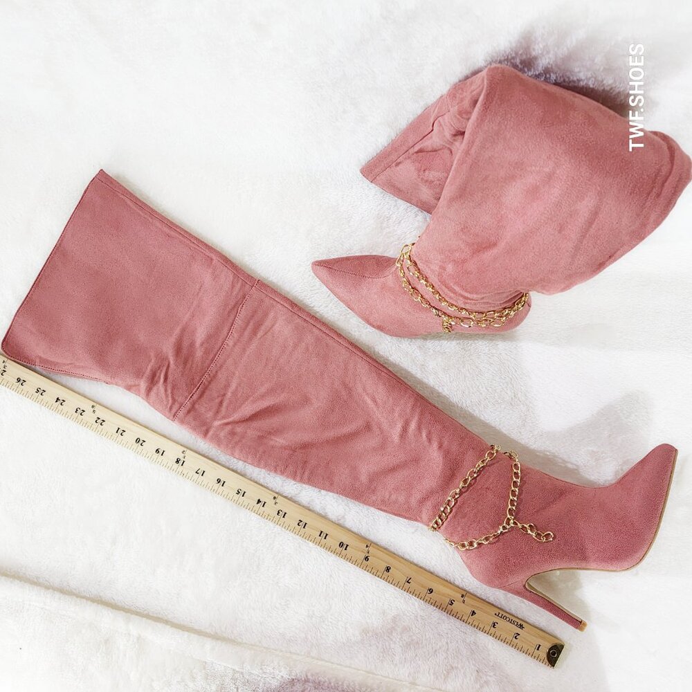Bad Girlz Dusty Rose Blush Pink Faux Suede Wide Top Thigh High Boots Chain - Picture 12 of 14